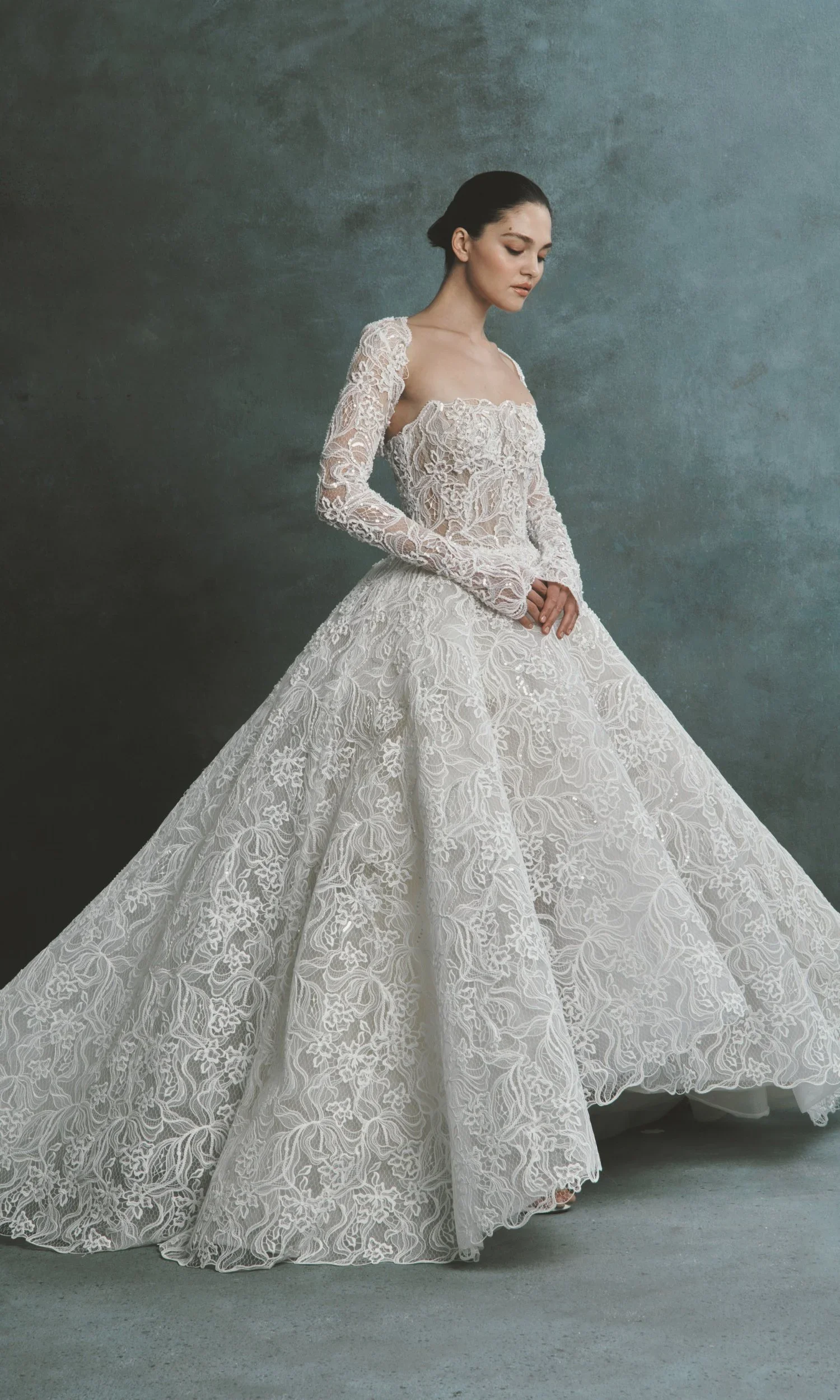 SenStudio SE143 square neckline ballgown floral lace dress with beautiful long train and lace on tulle.