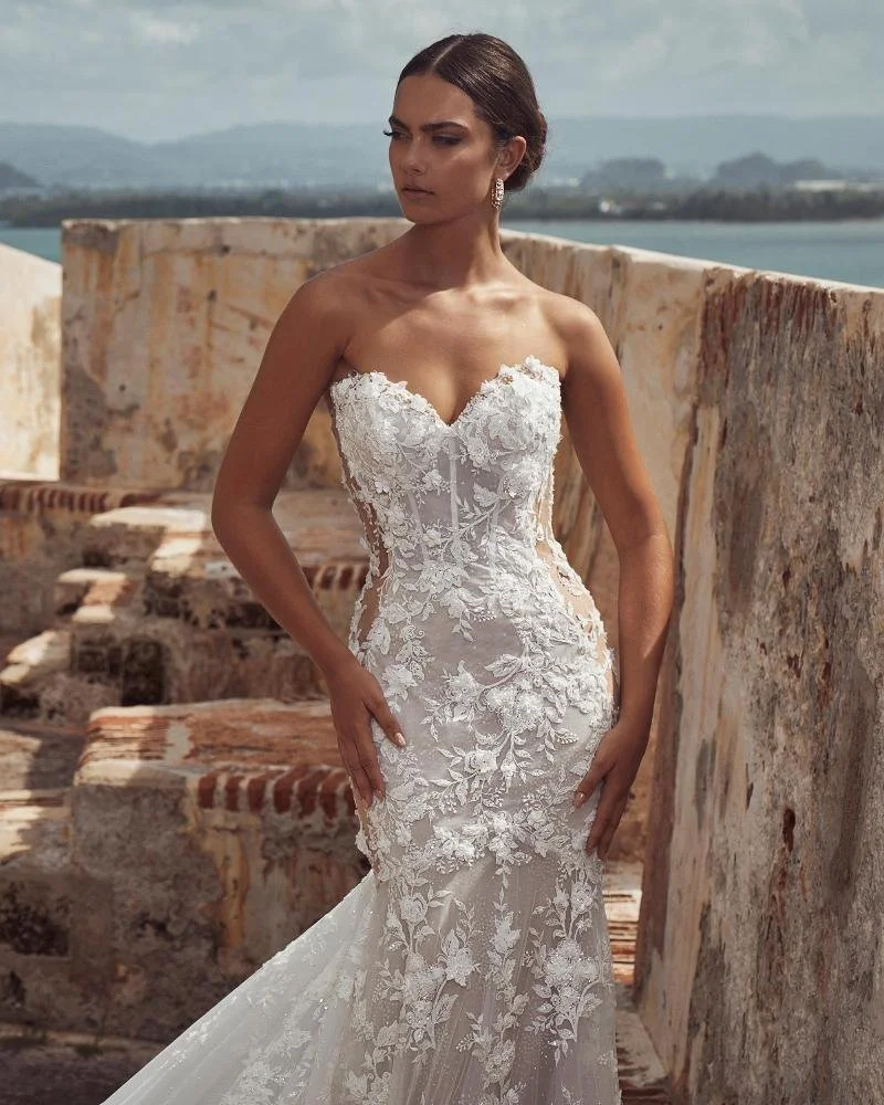 Calla Blanche Glenda 123124S sexy lace mermaid wedding dress with sweetheart neckline, 3D floral lace, illusion low back, side cut-outs, and detachable long sleeves