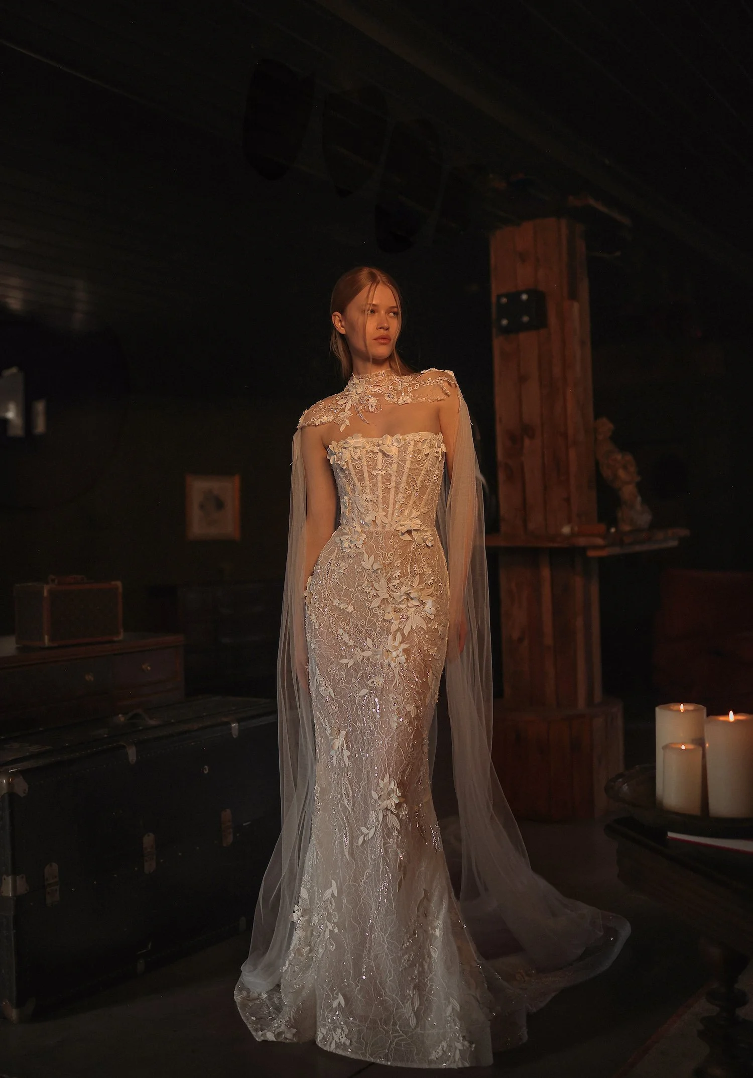 A Fitted Lace Corset Gown with Floral Embroidery, Sparkling Details and a Sheer Cape