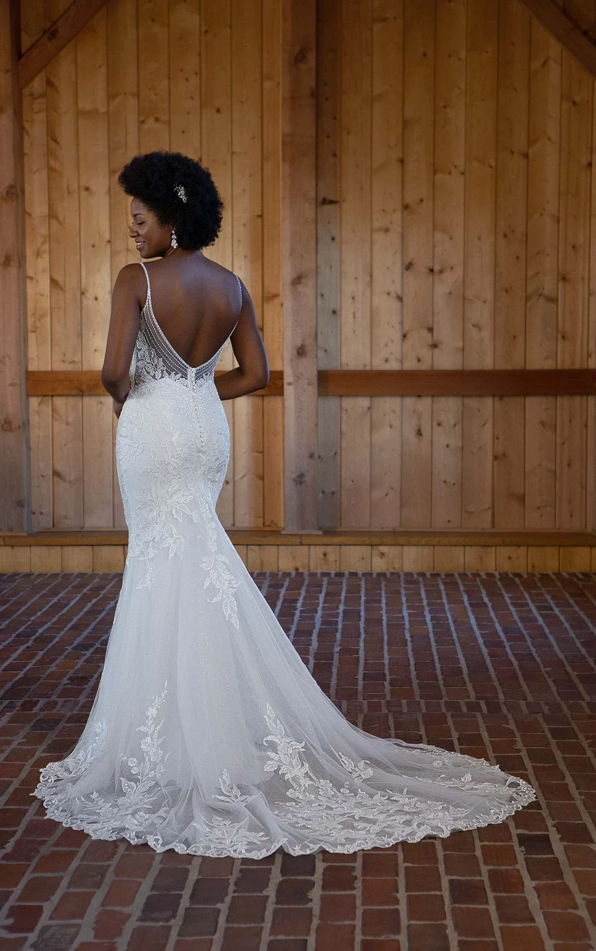 Glamorous Lace Fit and Flare Wedding Dress with Spaghetti Straps and Plunging Neckline