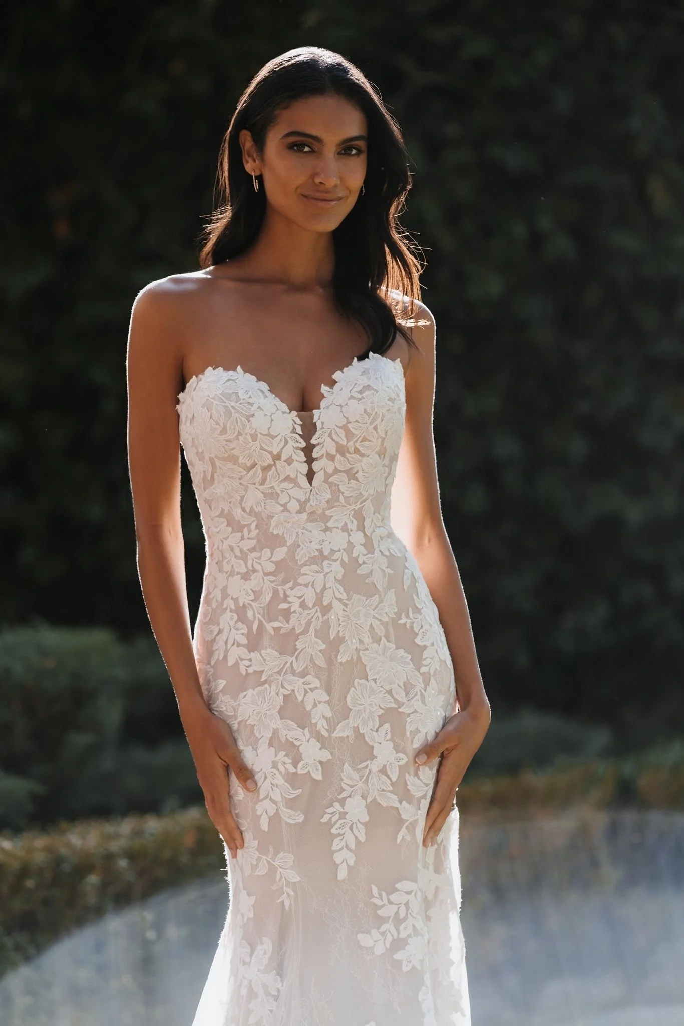 Strapless Lace Wedding Gown With Sheath Silhouette and Romantic Floral Train