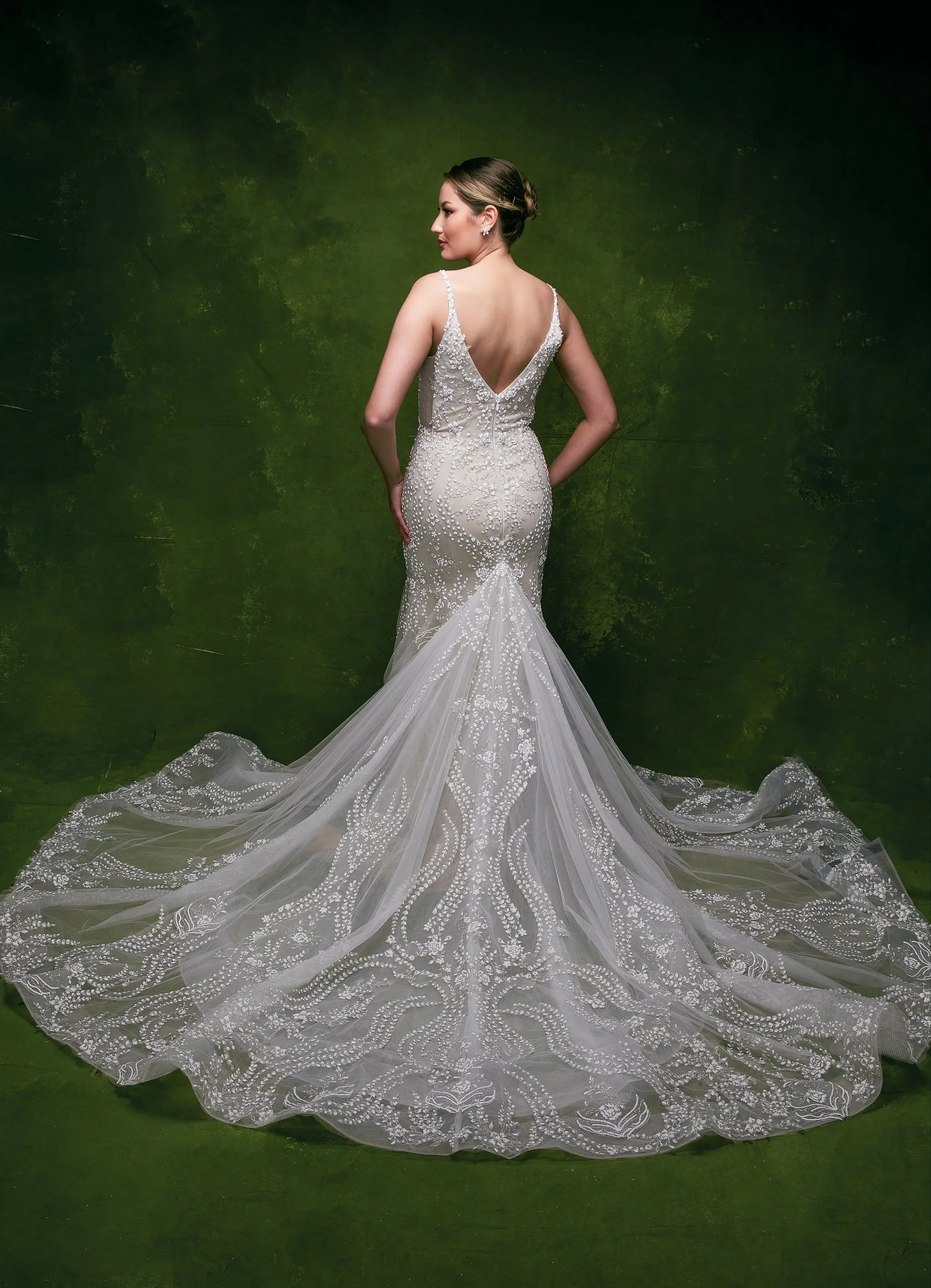 Elizabeth Lee Ava sparkle lace fit-and-flare wedding dress with delicate spaghetti straps, pearl beading, and dramatic long train.