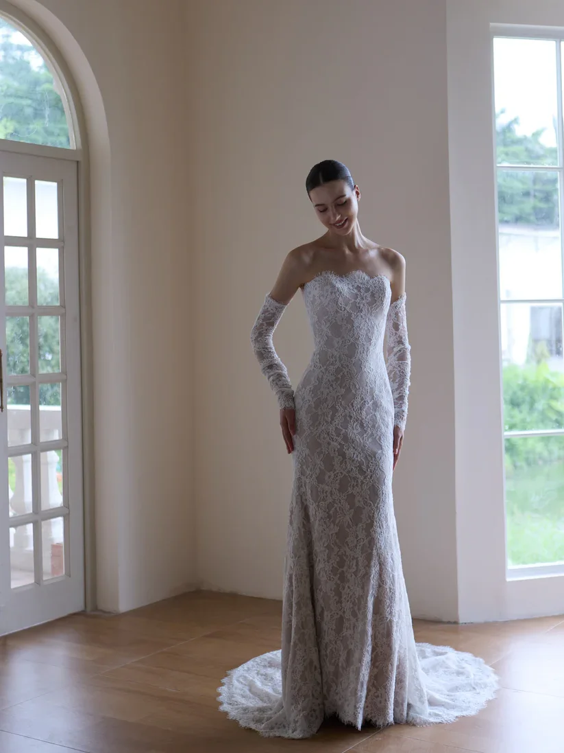 Off the Shoulder Lace Gown With Sheer Sleeves and Romantic Tulle SkirtOff the Shoulder Lace Gown With Sheer Sleeves and Romantic Tulle Skirt