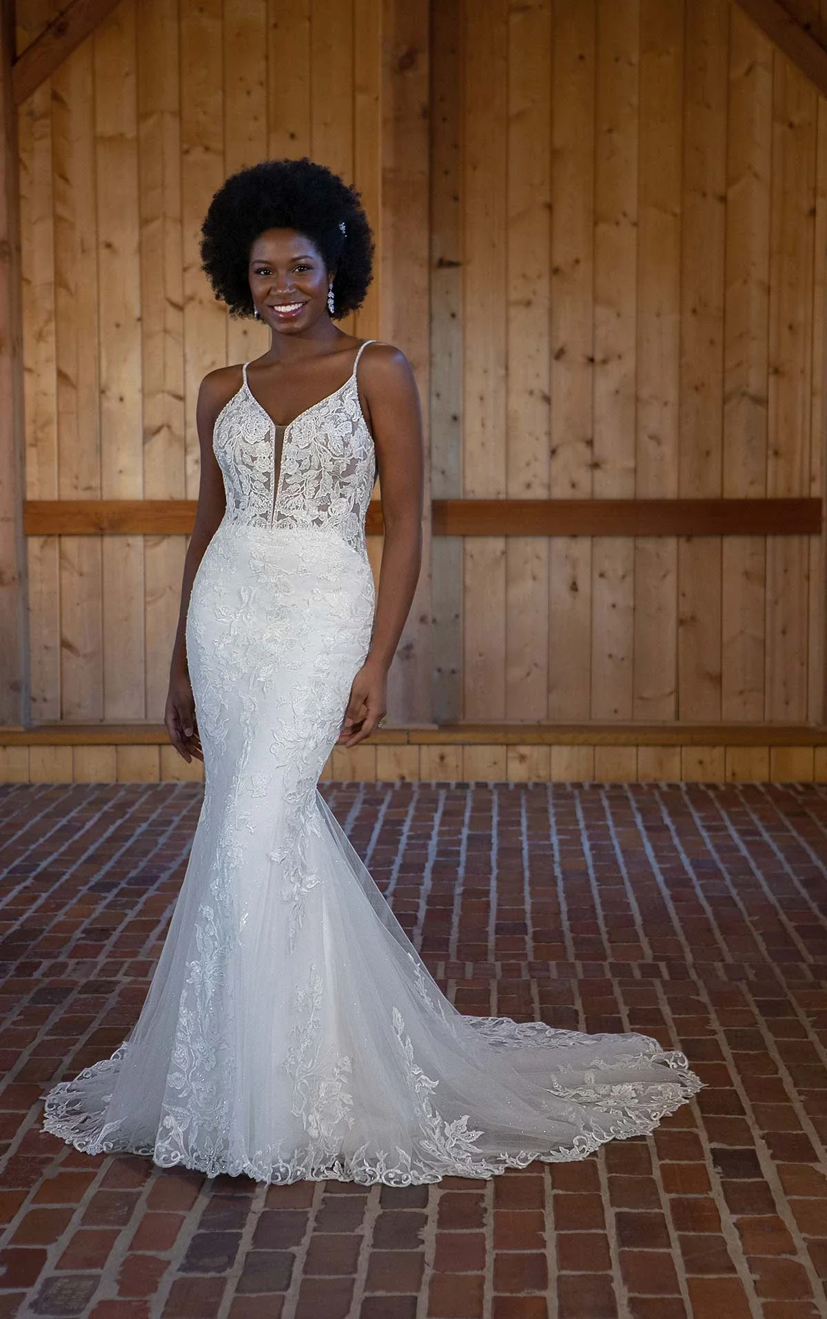 Glamorous Lace Fit and Flare Wedding Dress with Spaghetti Straps and Plunging Neckline