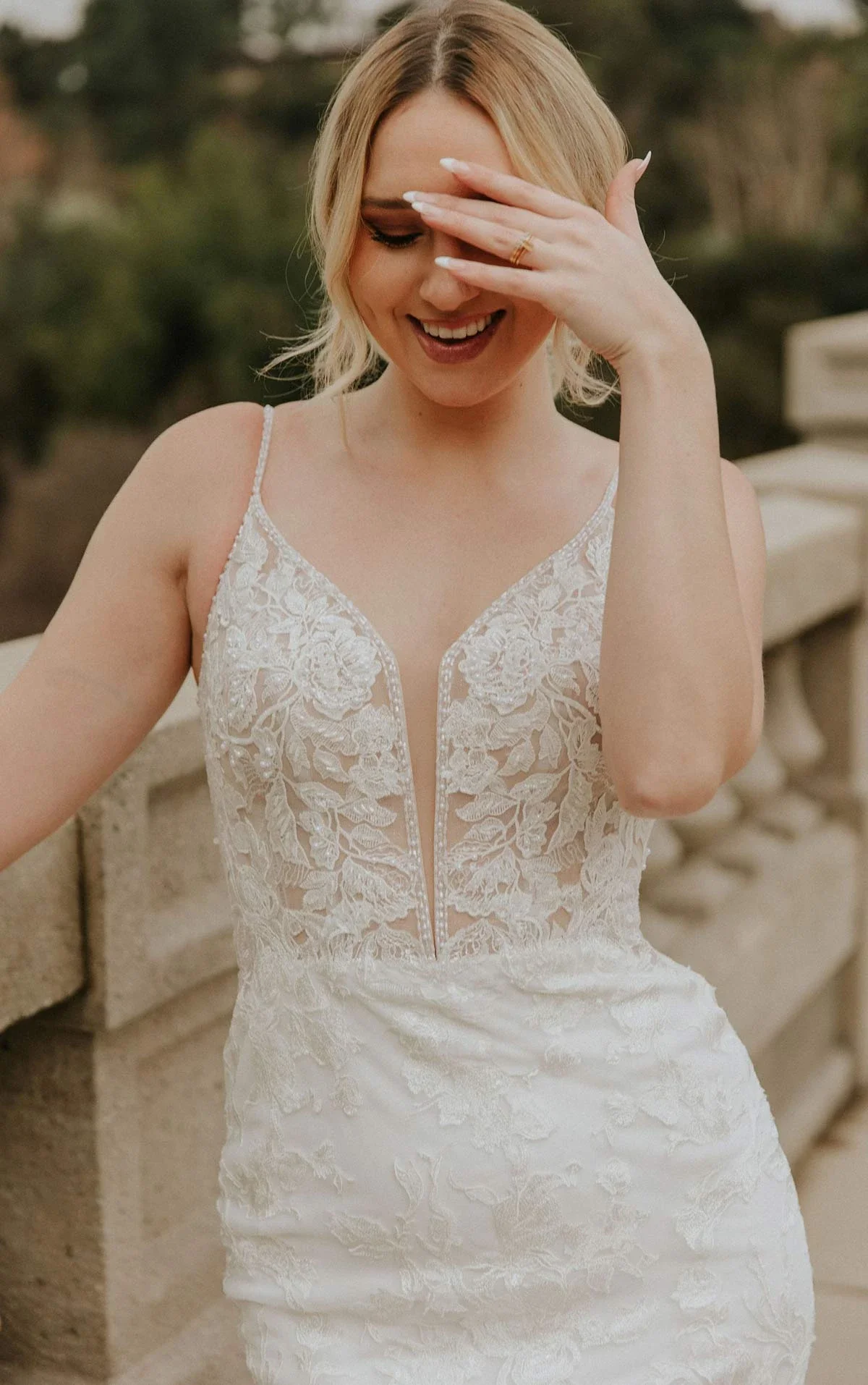Glamorous Lace Fit and Flare Wedding Dress with Spaghetti Straps and Plunging Neckline
