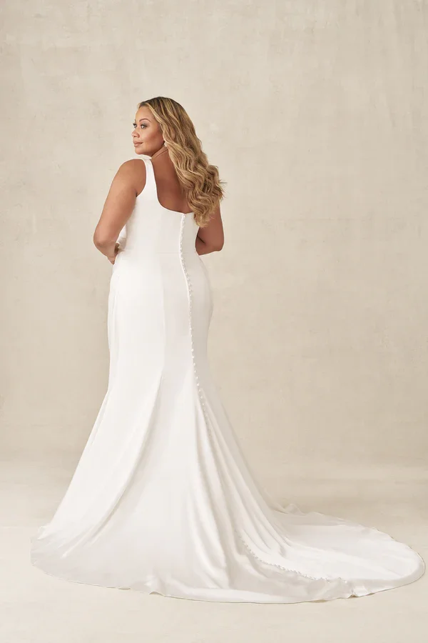 plus size satin sheath wedding gown with classic square neckline, elegant straps, and subtle ruching