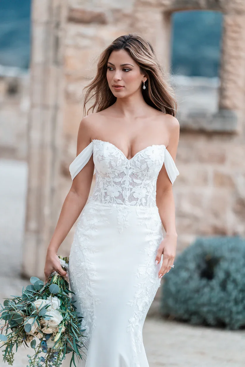 Off the Shoulder Sweetheart Sheath Wedding Dress With Sequined Lace Side Paneling and Crepe Fabric