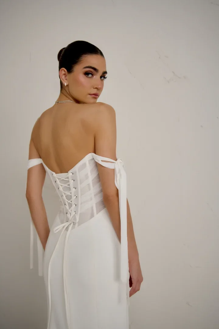 Crepe Fit and Flare Gown with Off the Shoulder Straps and Sheer Bodice