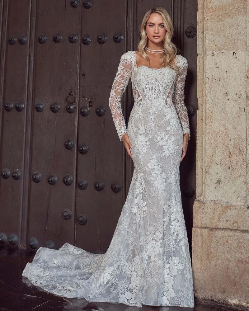 Calla Blanche Sadee 124238 sexy strapless sweetheart mermaid wedding dress with intricate floral lace, corset bodice, backless illusion, and detachable long sleeves.