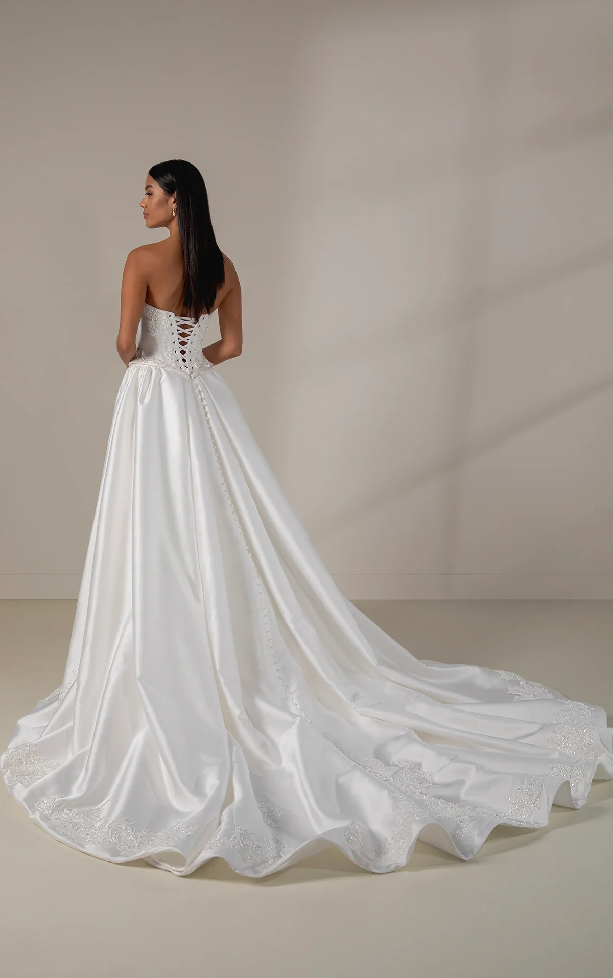 Vintage-Inspired Strapless Silk Column Wedding Dress with Detachable Overskirt