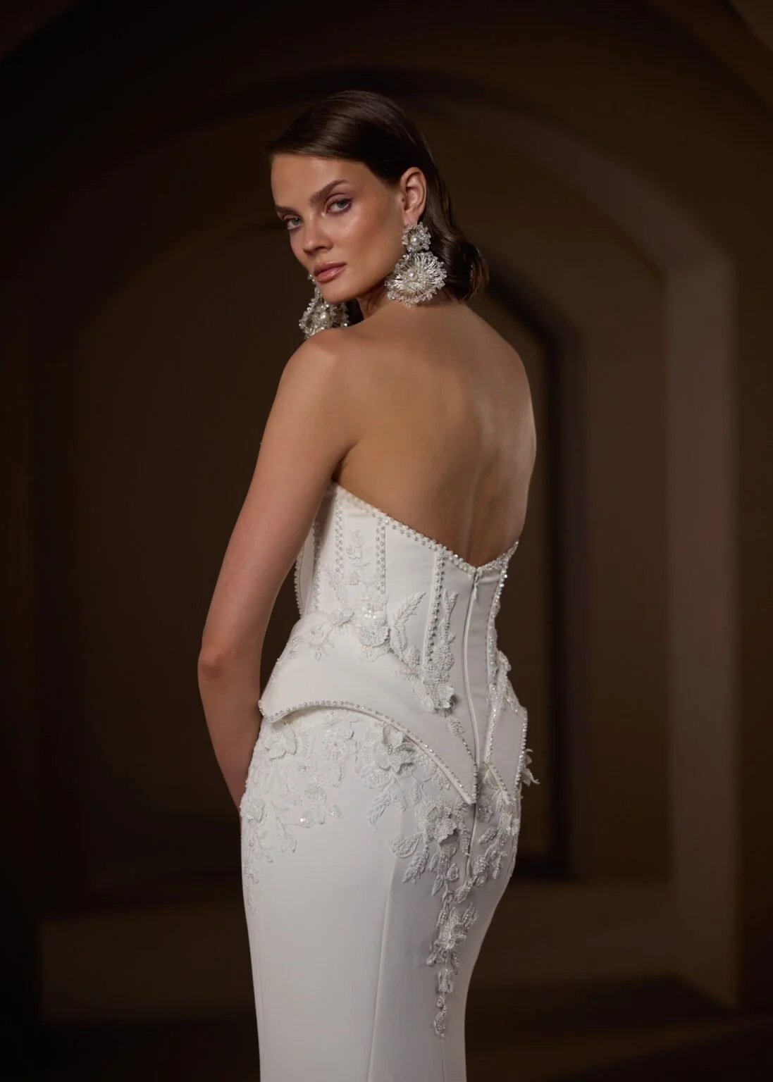 Madam Burcu 5473 Strapless Corset Mermaid Crepe Wedding Dress with 3D Flowers