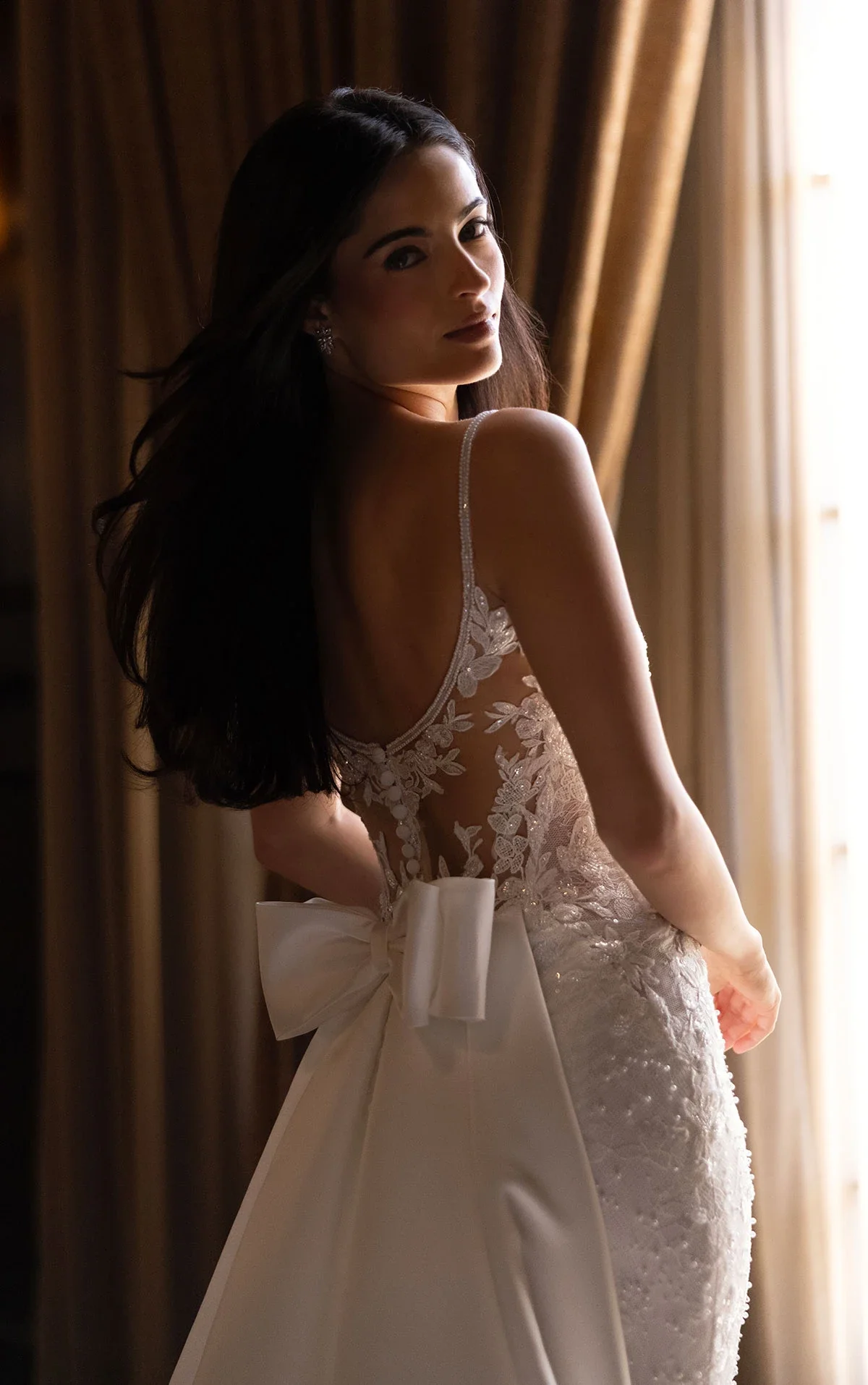 Essense of Australia D4567 sparkling lace sheath wedding dress with square neckline, spaghetti straps, sequin and pearl embroidery, and detachable grand satin overskirt train