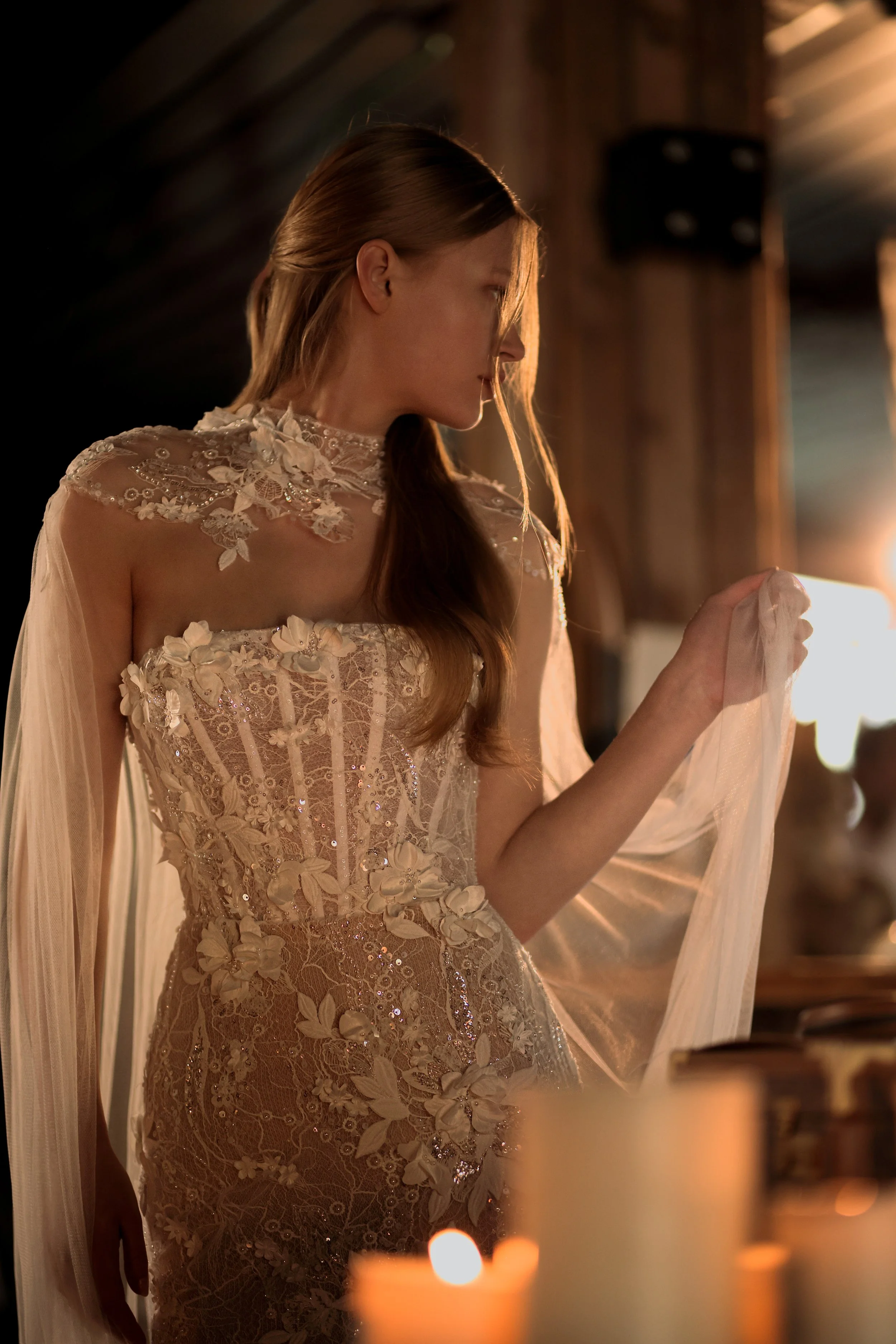 A Fitted Lace Corset Gown with Floral Embroidery, Sparkling Details and a Sheer Cape