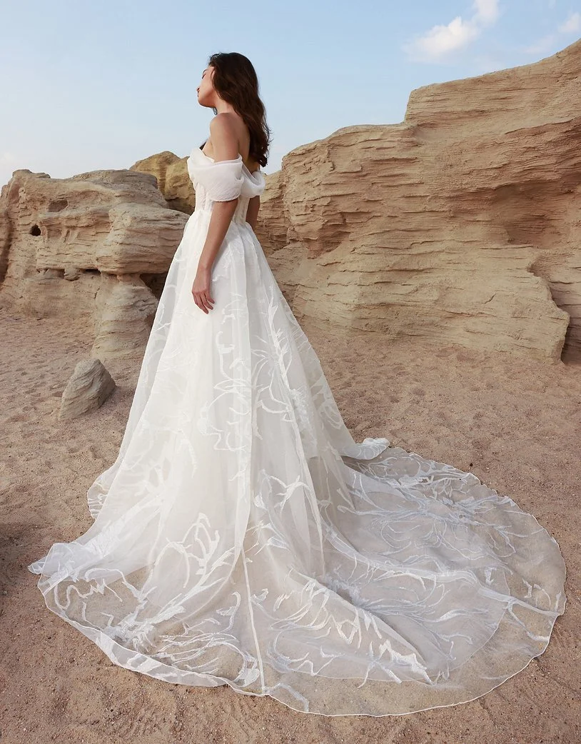 Off Shoulder Organza Aline Gown with Sheer Corset Bodice
