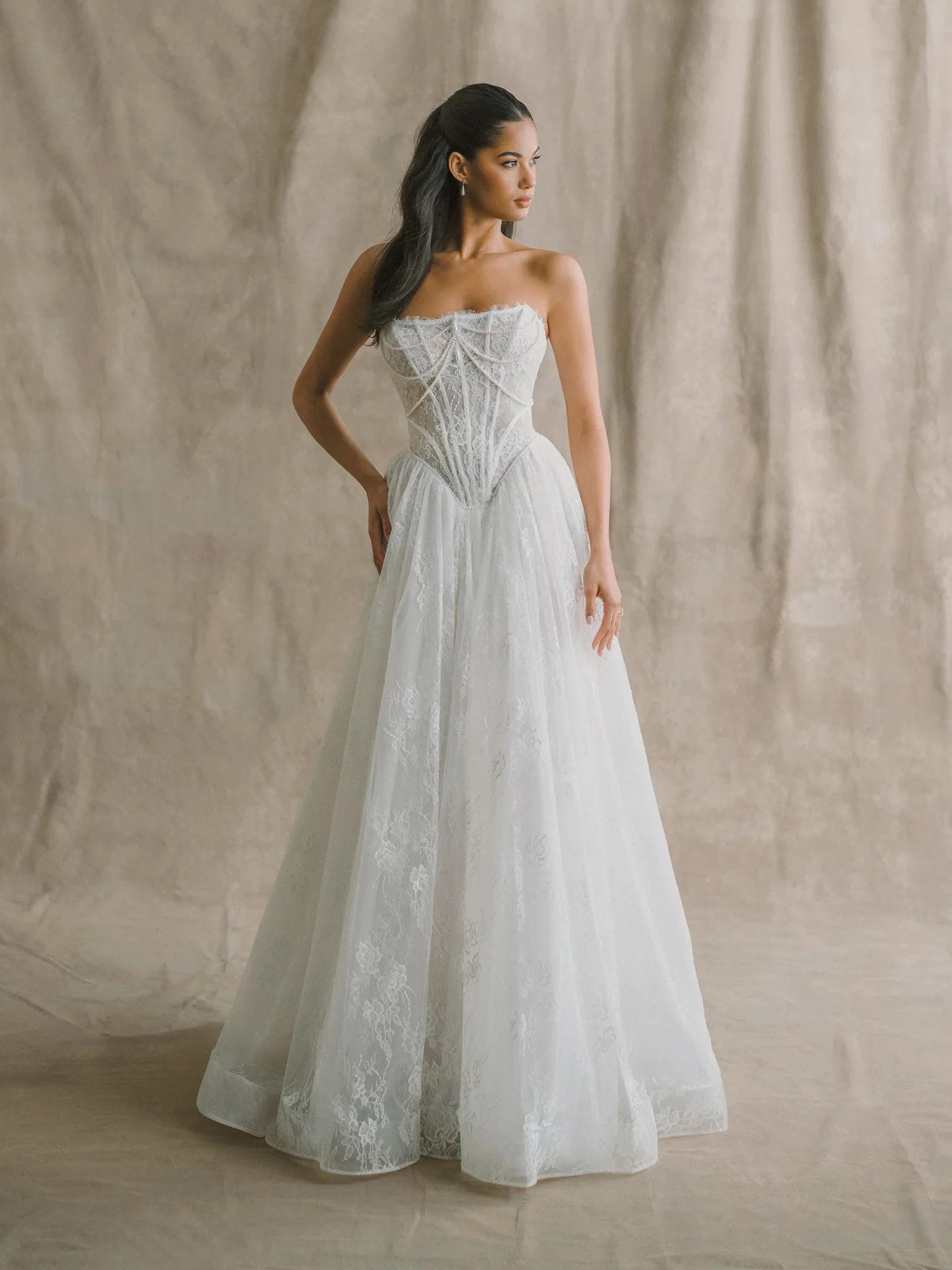 Allure Bridals E615NC Camellia strapless floral lace wedding dress with sweetheart neckline and fitted silhouette