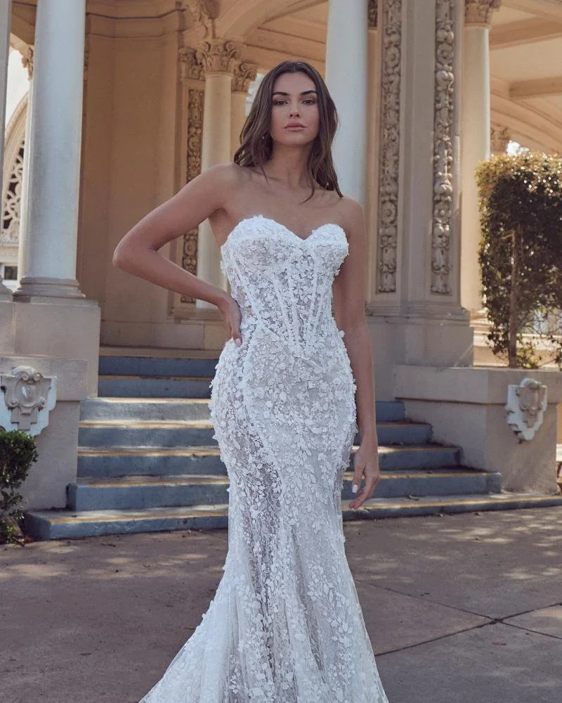 Calla Blanche Renata 126247 lace fitted wedding dress with strapless sweetheart neckline, slim waistline, lace, and long train.
