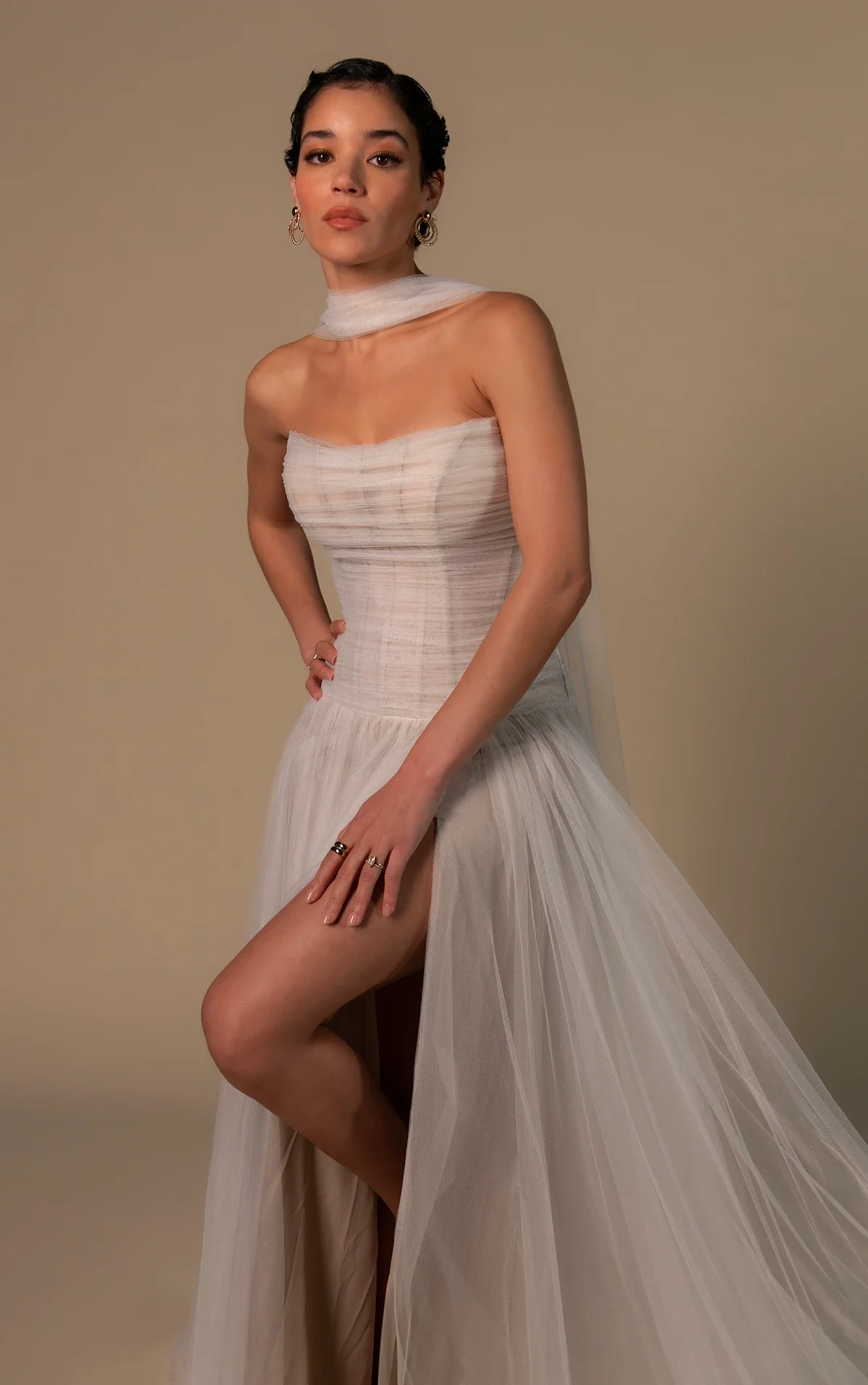 Romantic Strapless Tulle Drop Waist Aline Wedding Dress with High Leg Slit