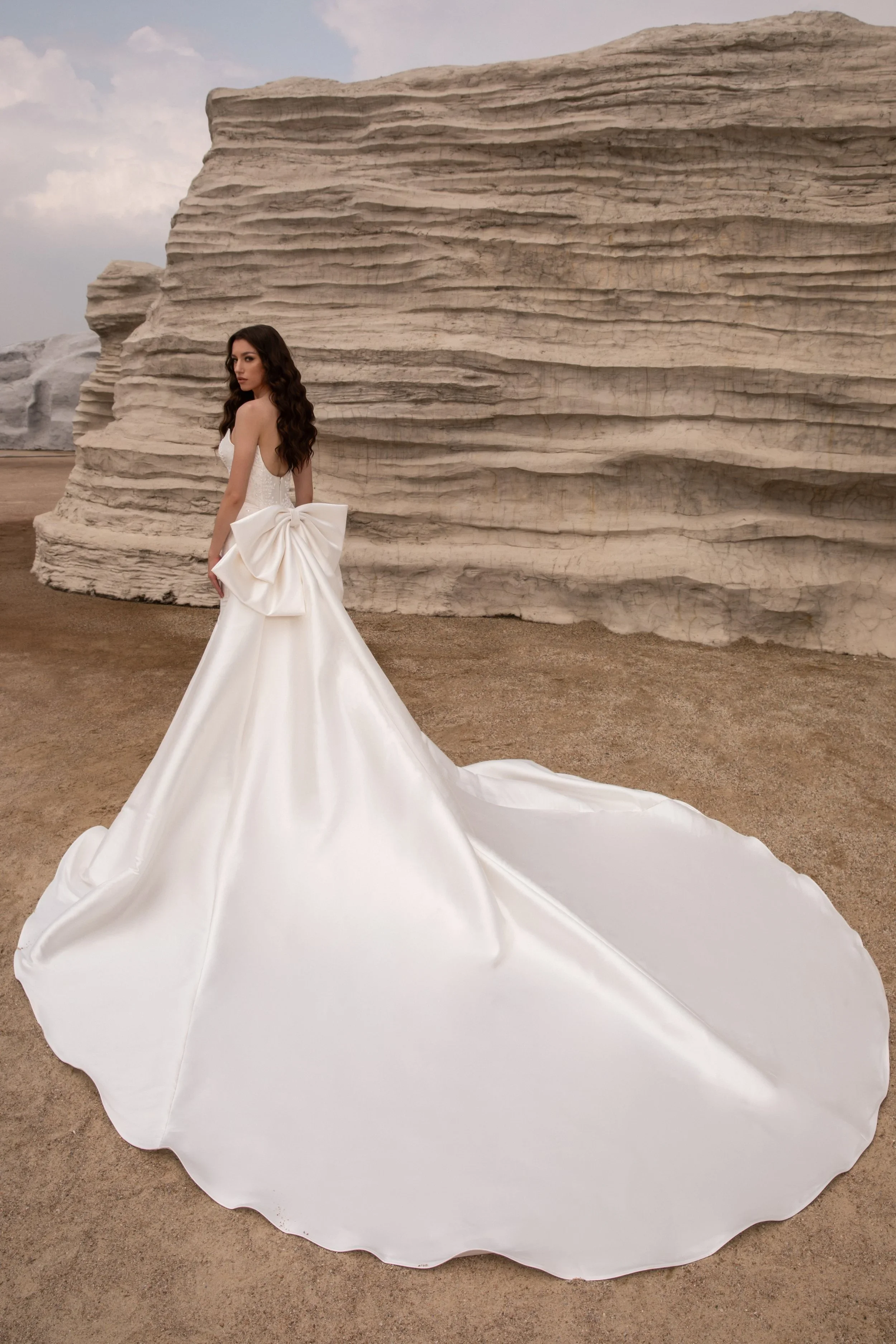 Dany Tabet Talia DT0024W331 strapless satin mermaid wedding dress with asymmetric neckline, beaded branch embroidery, detachable bow, and long train.