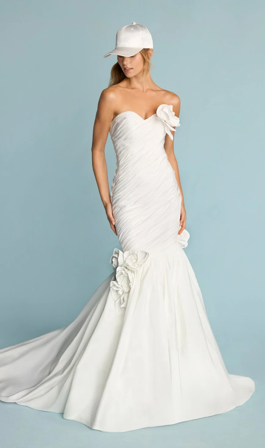 Ruched taffeta mermaid gown with sweetheart neckline, corset back, and 3D floral details by Idan Cohen