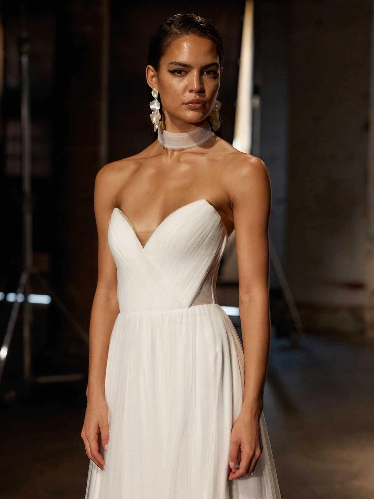 Evie Young Houston Black or Ivory A-line Ballgown with Detachable Illusion High Neck Collar and Tulle Skirt