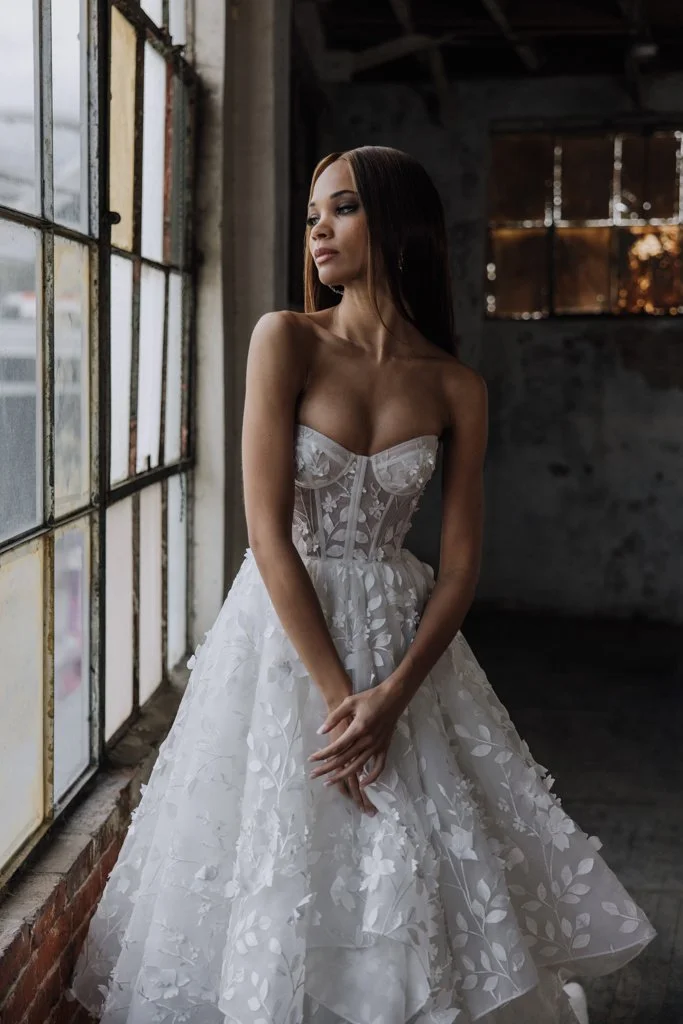 Serene Ame Micahlyn dramatic A-line ballgown with strapless bustier corset bodice, sheer overlay, and flowing layered organza skirt.