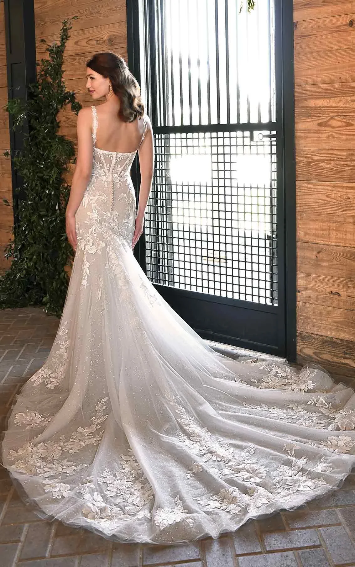 Floral Fit and Flare Wedding Dress with Sheer Bodice and Wide-Set Straps