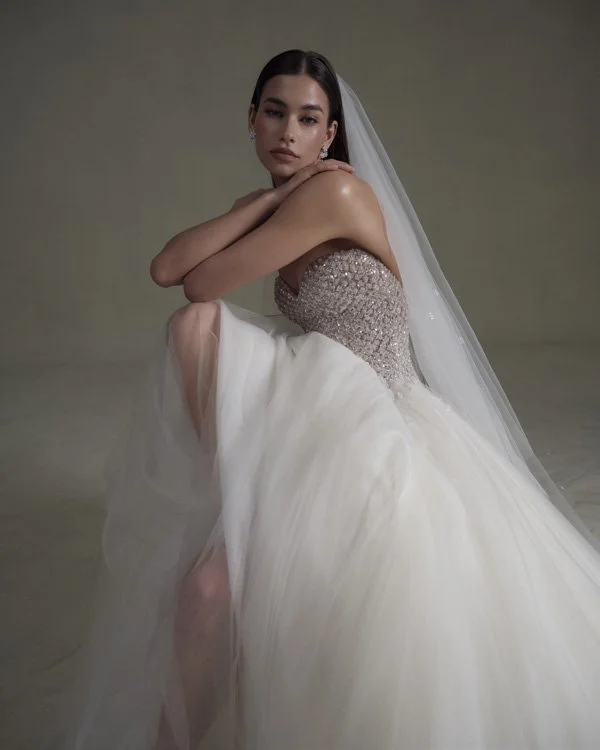 Beaded Strapless Wedding Dress With Soft Tulle Skirt