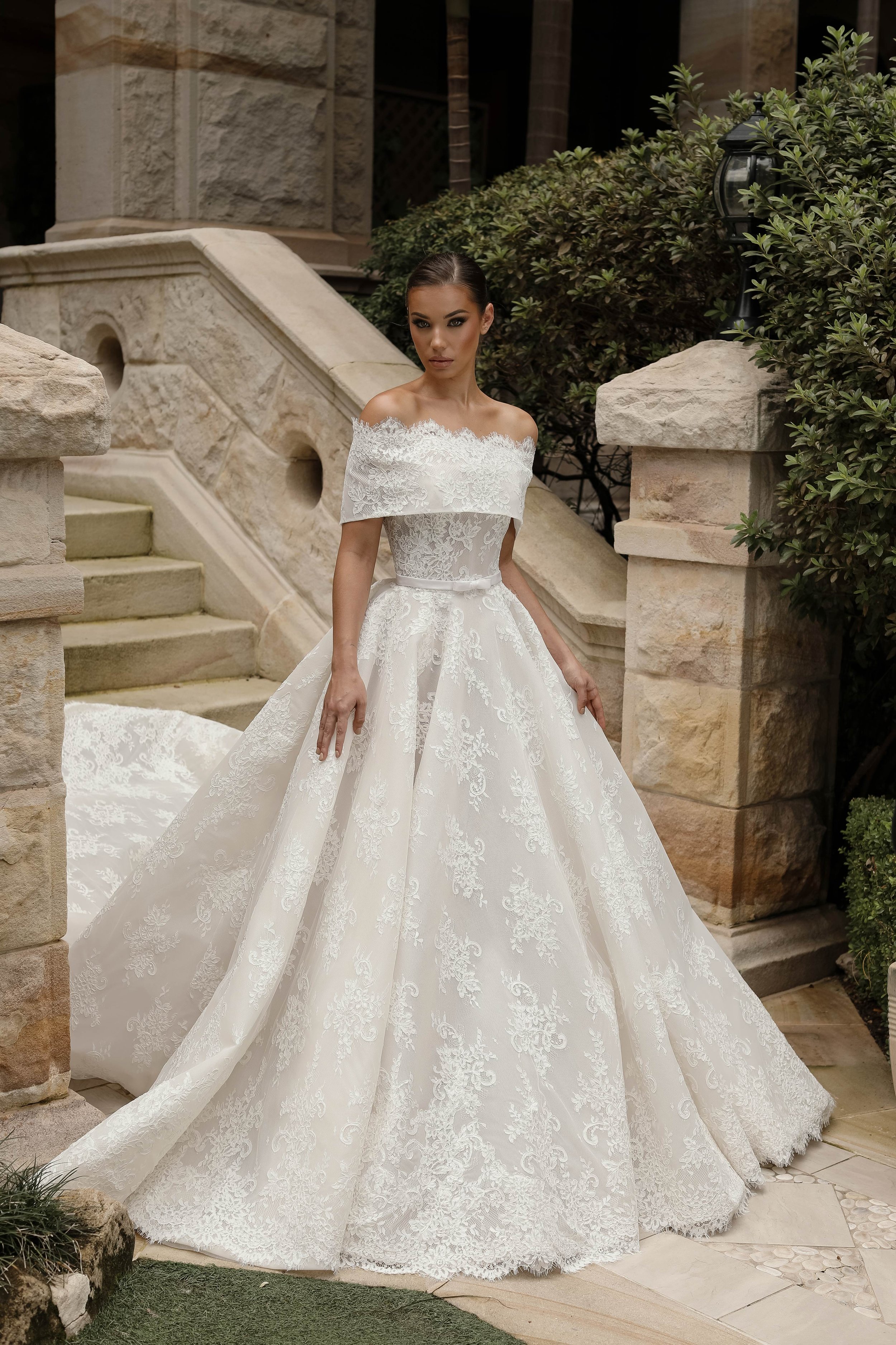 Lace Ballgown with Off-The-Shoulder Neckline, Detachable Shawl and Dramatic Train