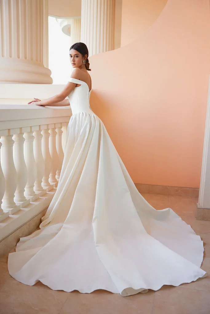 Julie Vino Katerina Off the Shoulder Mikado Wedding Dress With Slit