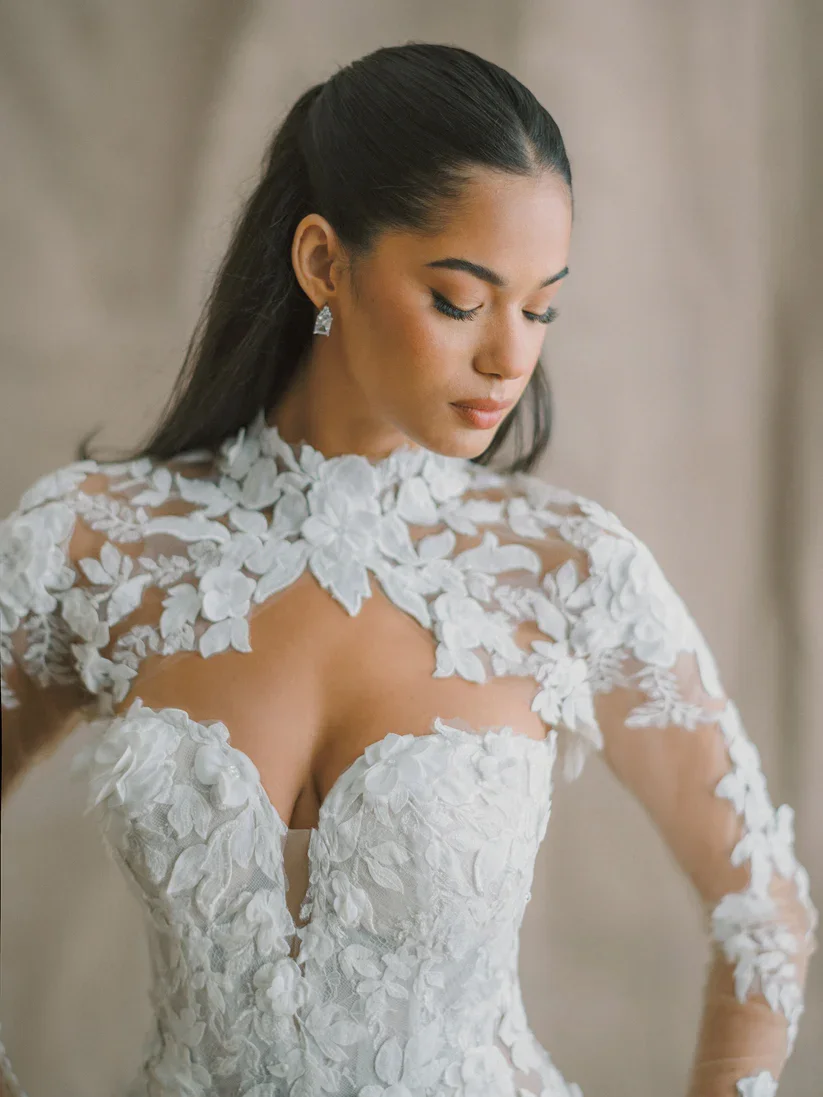 Allure Bridals Abella E609 Violette lace sheath wedding dress with sweetheart neckline and floral lace appliqués
