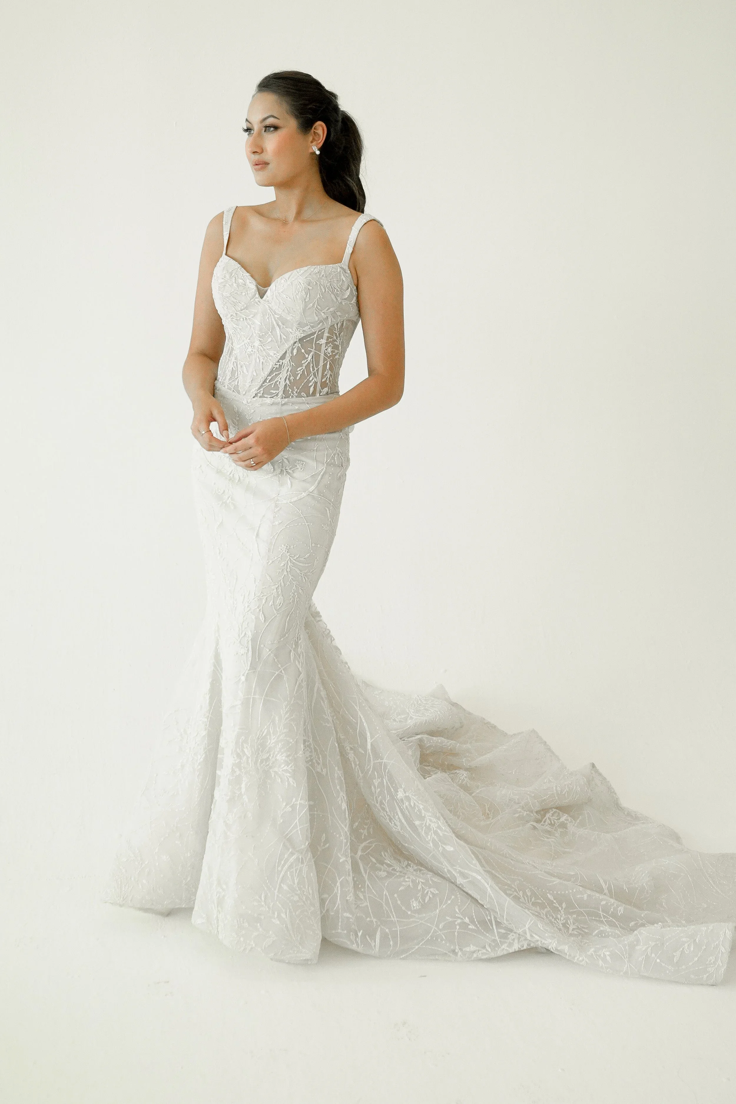 Elizabeth Lee Valentina romantic beaded lace mermaid wedding dress with tank straps, low scoop back, and long lace train.