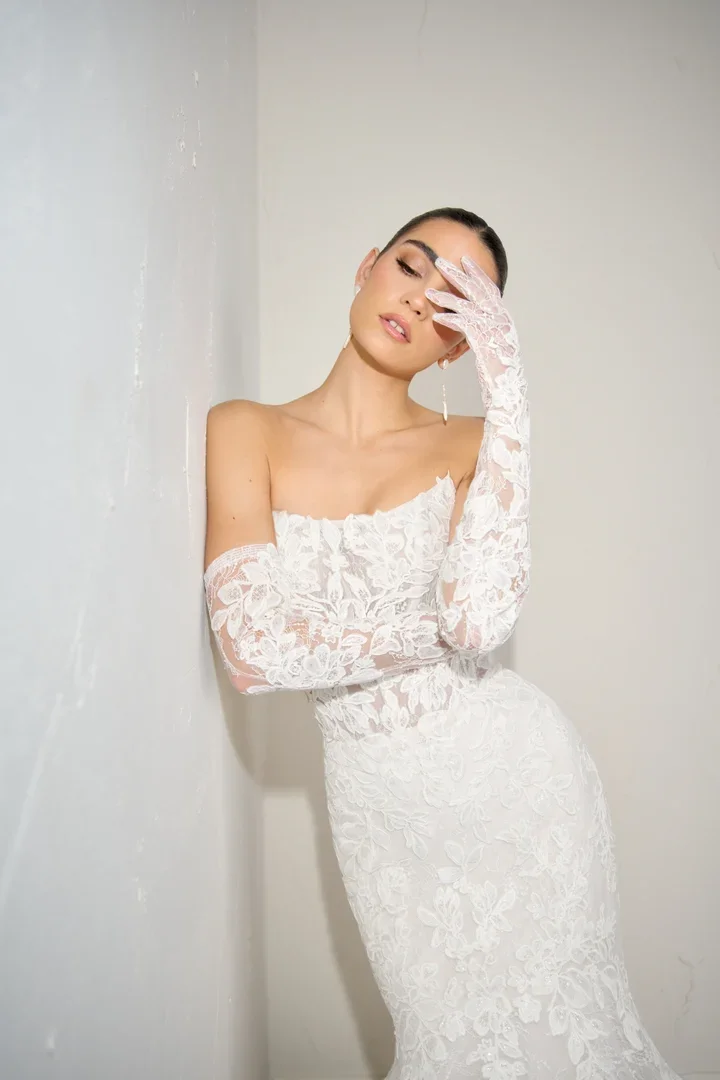 Allover Lace Mermaid Plus Size Wedding Gown with Sheer Bodice and Exposed Boning