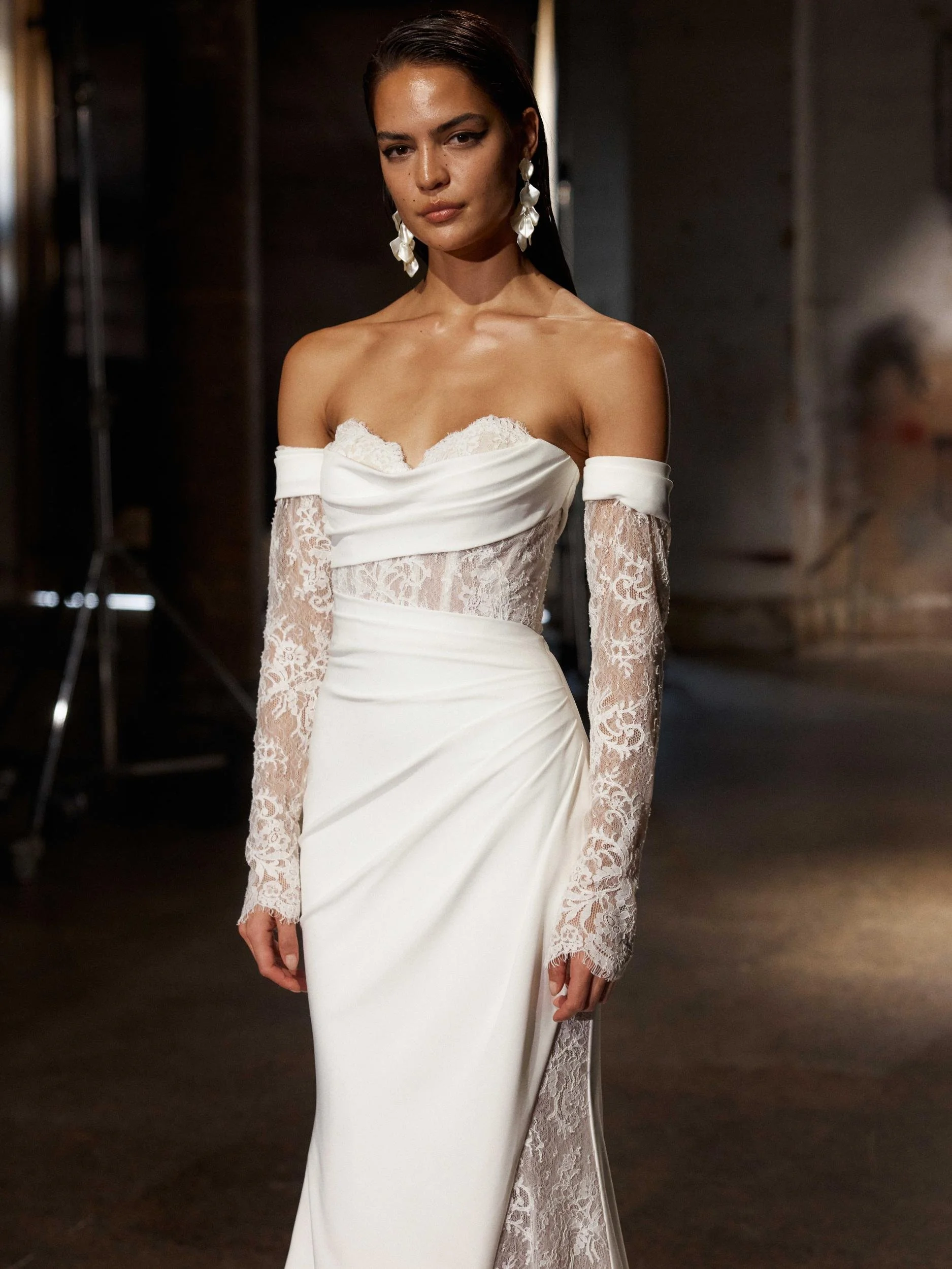 Evie Young Gray Strapless Sweetheart Fit and Flare Chantilly Lace Wedding Dress with Detachable Long Lace Sleeves