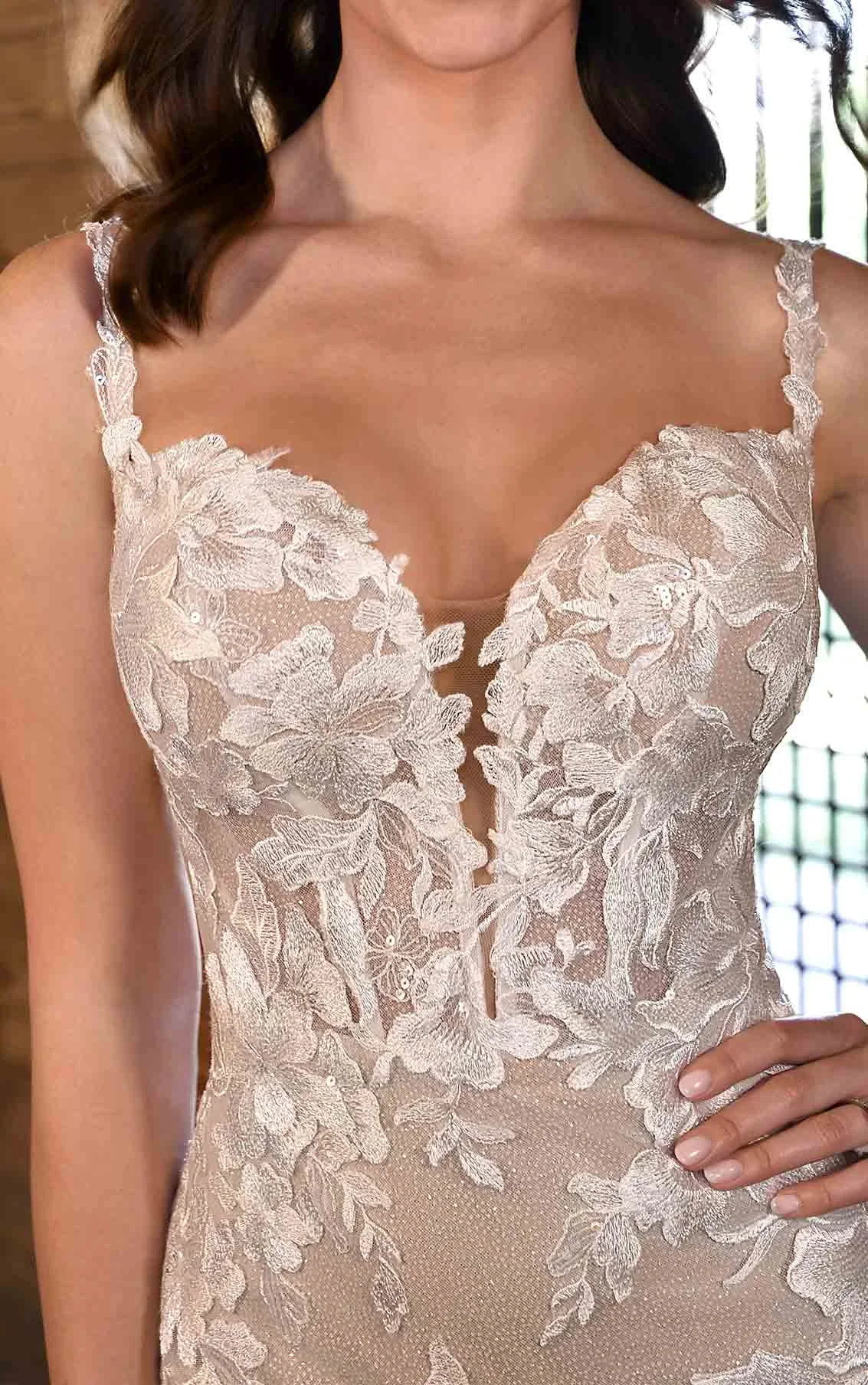 Floral Fit and Flare Wedding Dress with Sheer Bodice and Wide-Set Straps