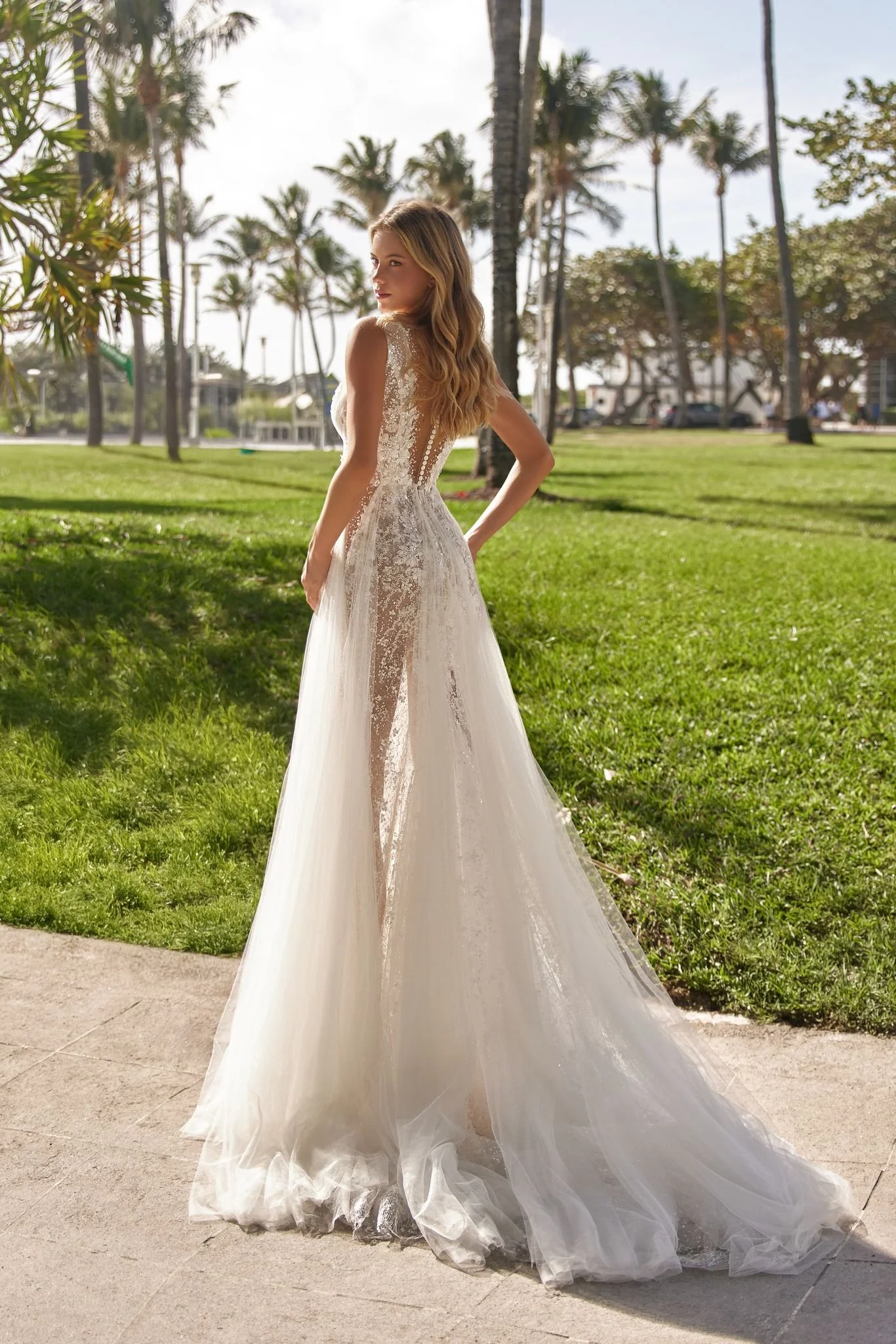 Oksana Mukha Solange Plunging Illusion Lace Wedding Dress With Flowing Tulle Skirt