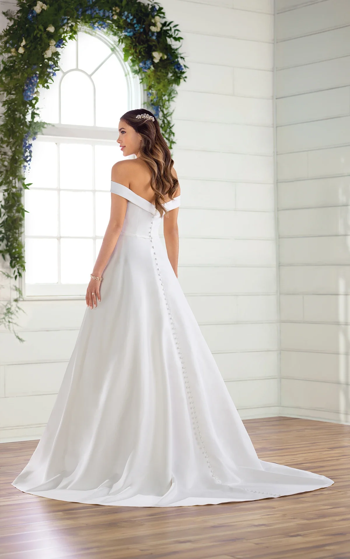 Classic Satin Ballgown with Pockets and Off the Shoulder Sleeves