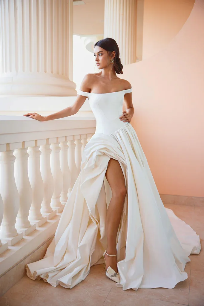 Julie Vino Katerina Off the Shoulder Mikado Wedding Dress With Slit