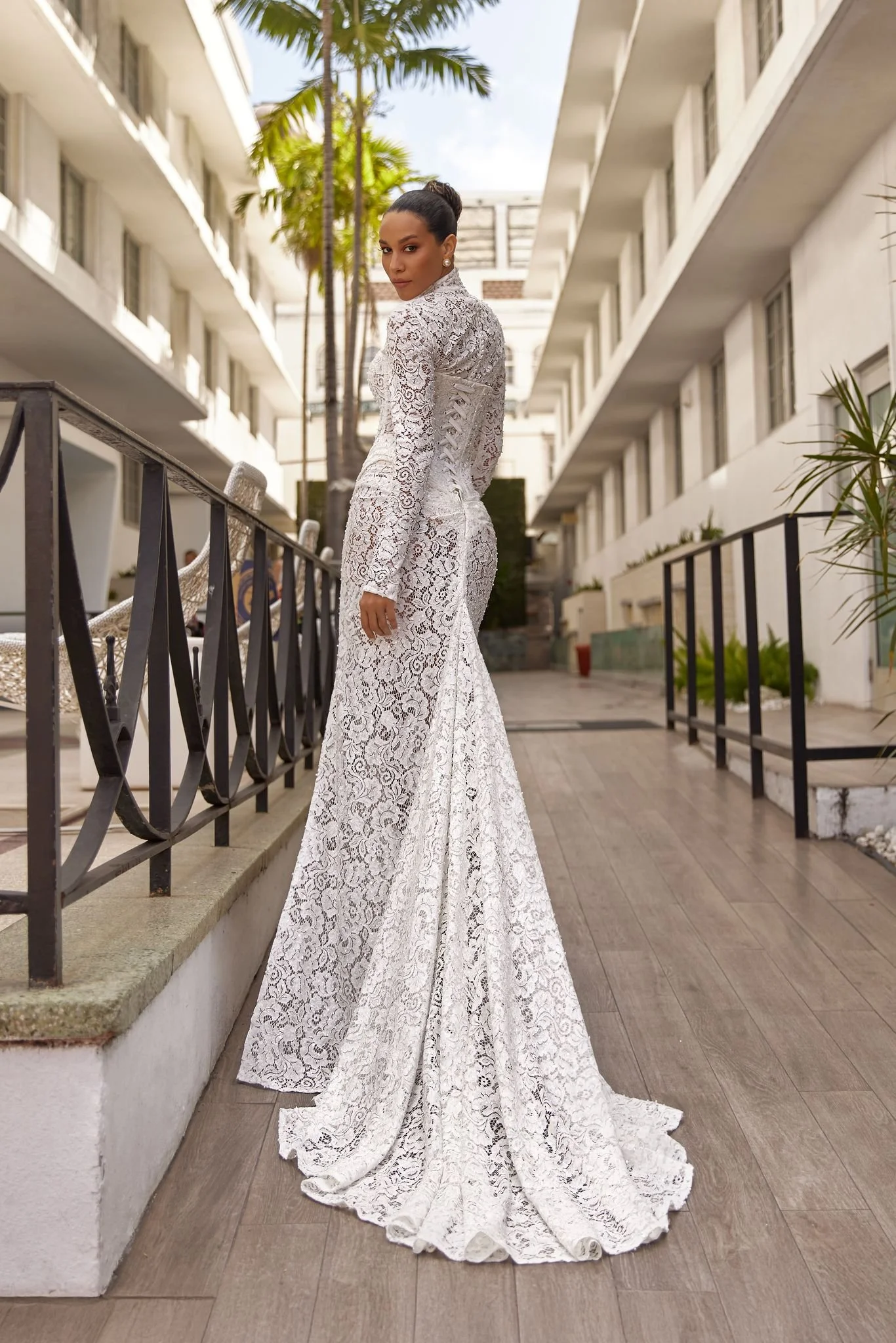 Oksana Mukha Amina Strapless Lace Sheath Wedding Dress With High Slit