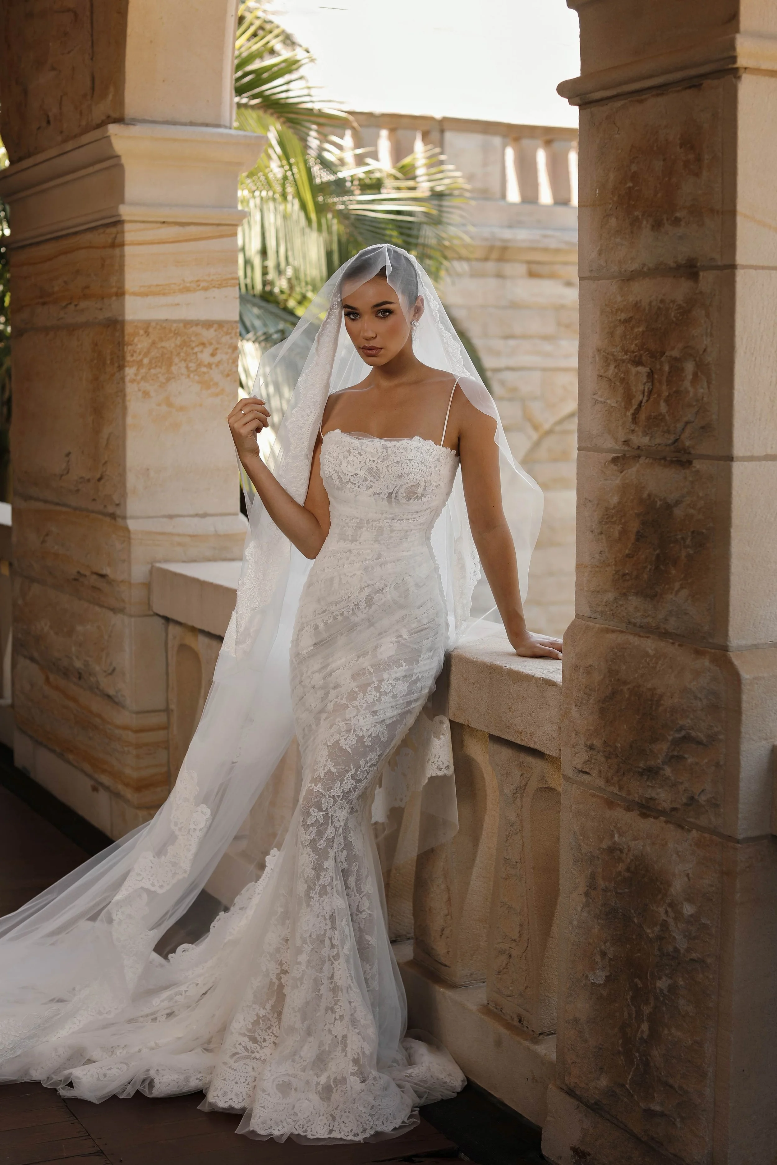 Lace Mermaid Gown With Sheer Bodice, Thin Straps, Detachable Lace Gloves and Sweeping Train