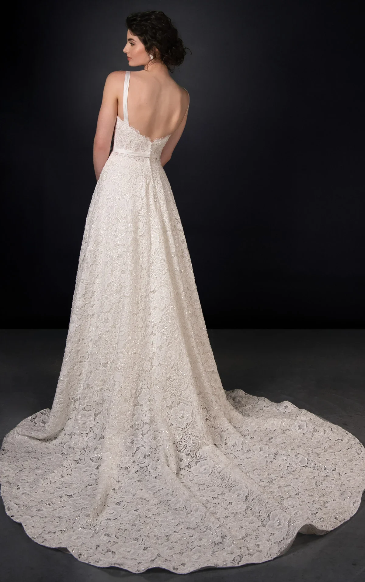 Martina Liana ML2073 lace A-line wedding dress with square neckline, delicate straps, sparkling lace, and bow waist detail at Bride To Be Couture Sacramento Back.webp