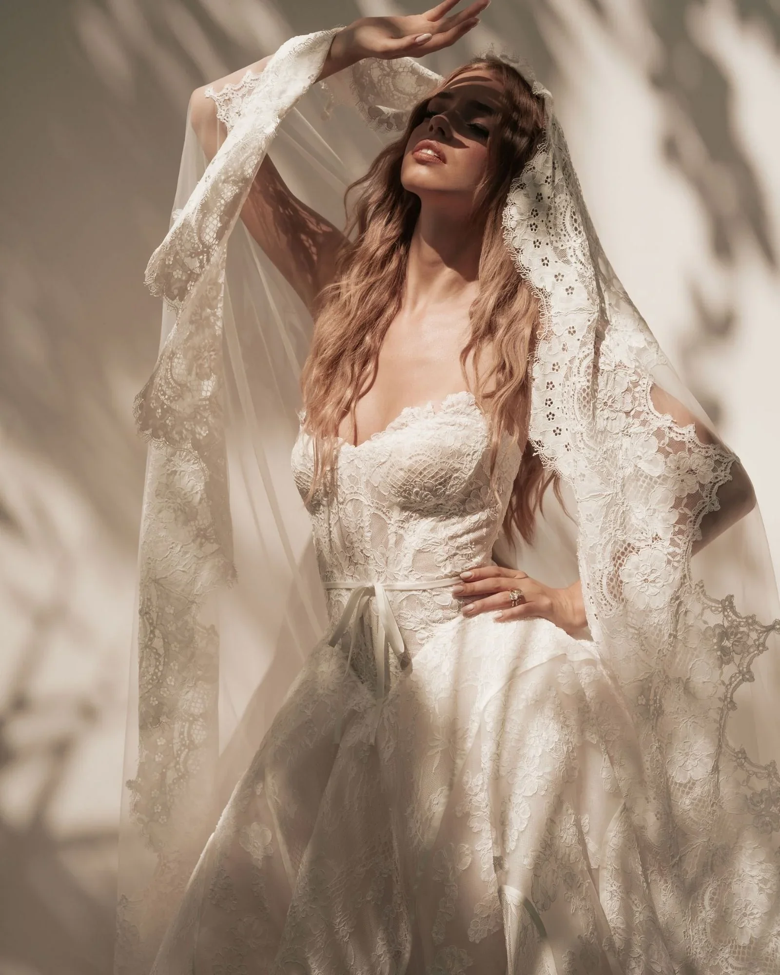 Alencon lace basque waist ballgown with corset bodice and scalloped strapless neckline, modern bias trim detail,