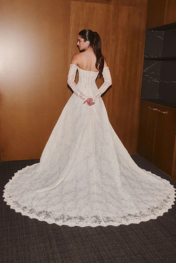 Strapless Lace Ballgown With Unique Waistline and Square Neckline