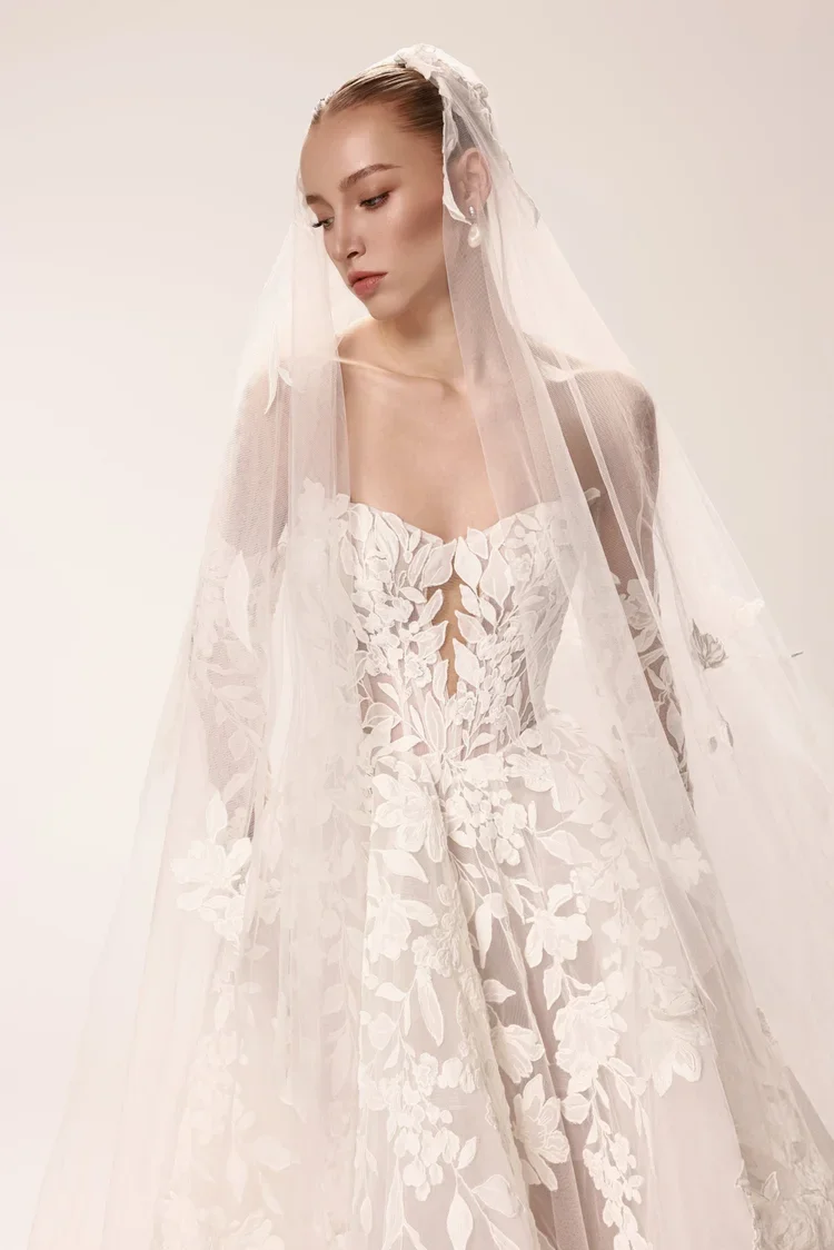 Dany Tabet Callista Strapless Floral Ballgown Wedding Dress with Matching Veil