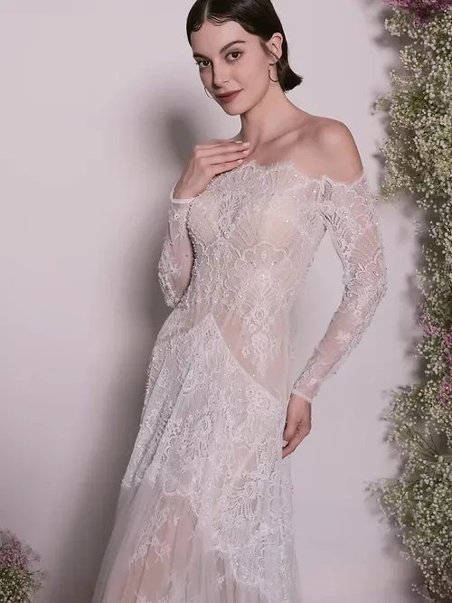 Off the Shoulder Lace Gown With Sheer Sleeves and Romantic Tulle Skirt