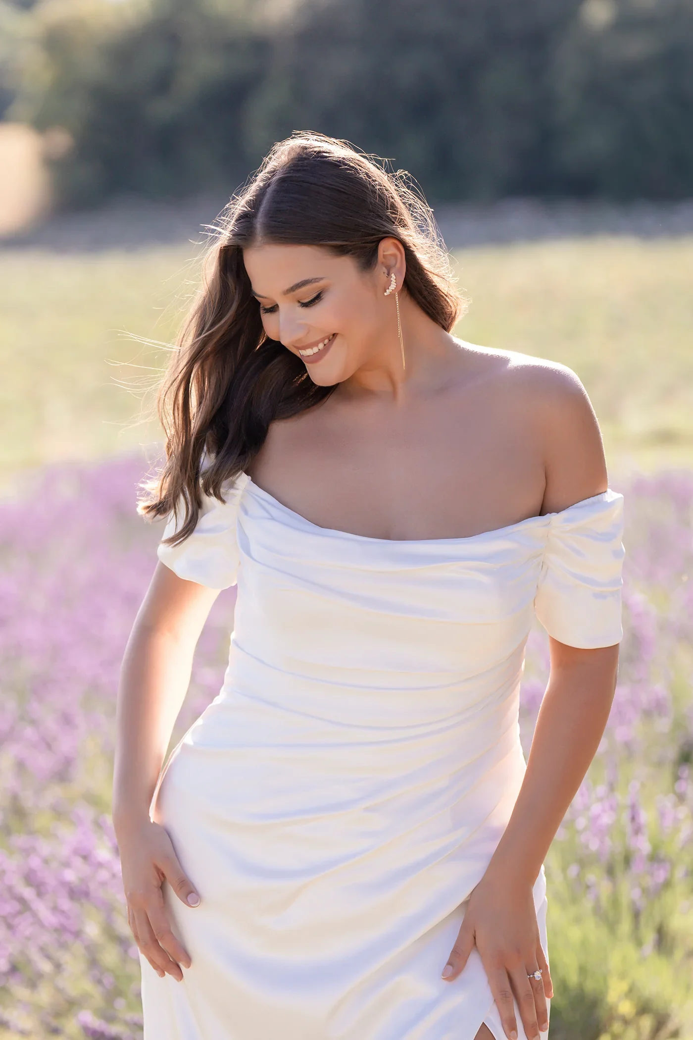 Allure Bridals W521 plus size ruched satin sheath wedding gown with off-the-shoulder neckline, short sleeves, and luminous draped bodice texture.