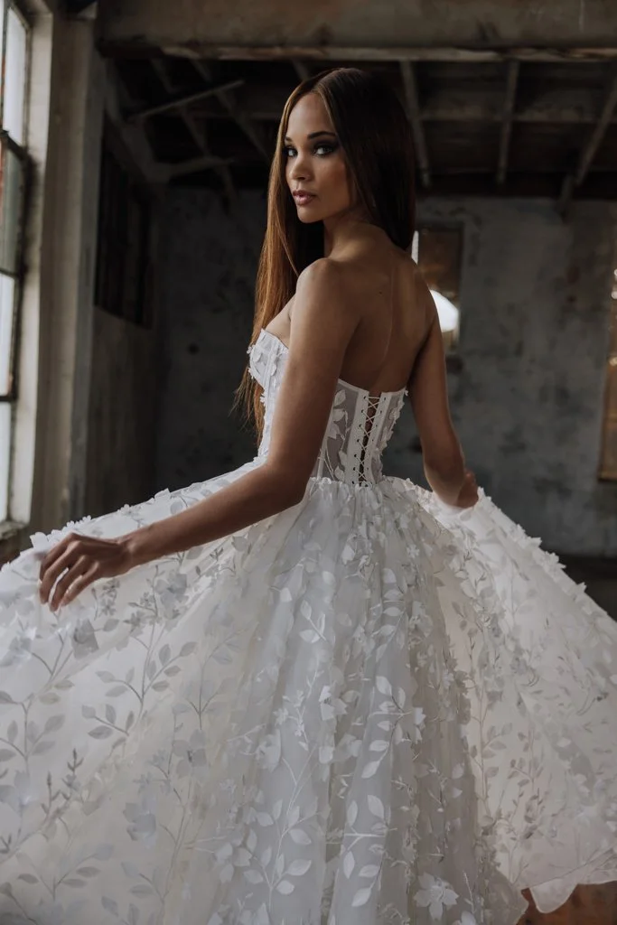 Serene Ame Micahlyn dramatic A-line ballgown with strapless bustier corset bodice, sheer overlay, and flowing layered organza skirt.
