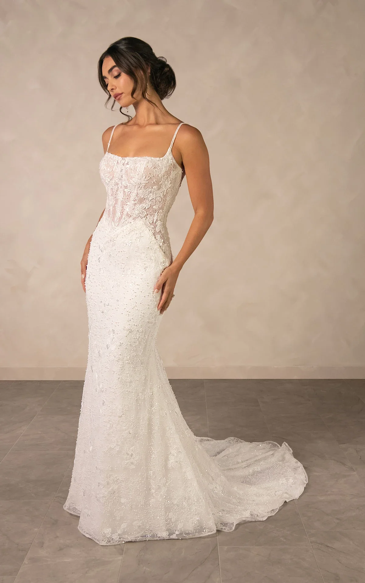 Essense of Australia D4567 sparkling lace sheath wedding dress with square neckline, spaghetti straps, sequin and pearl embroidery, and detachable grand satin overskirt train