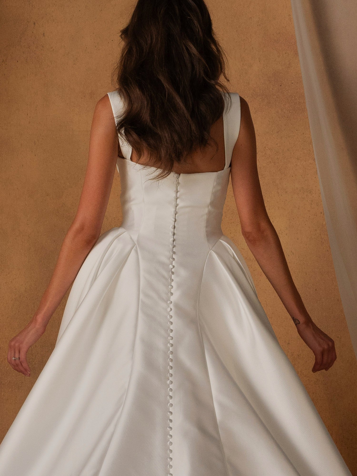 Madi Lane Noon Romantic Mikado Aline Wedding Dress With Draped Bodice and Detachable Sleeves