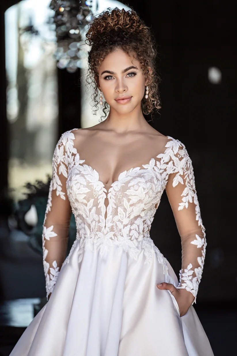Ball Gown Wedding Dress With V Neck Chantilly Lace Bodice, Long Lace Sleeves and Shimmering Mikado Skirt