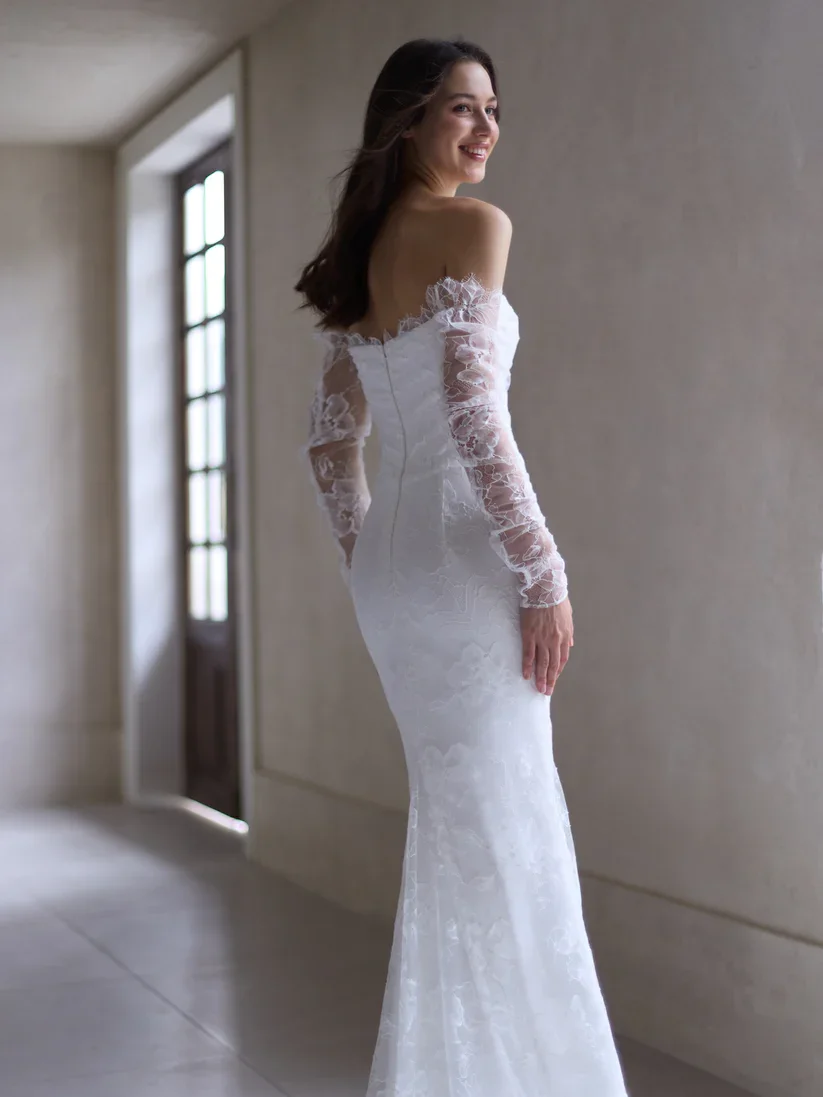 Off the Shoulder Lace Gown With Sheer Sleeves and Romantic Tulle Skirt
